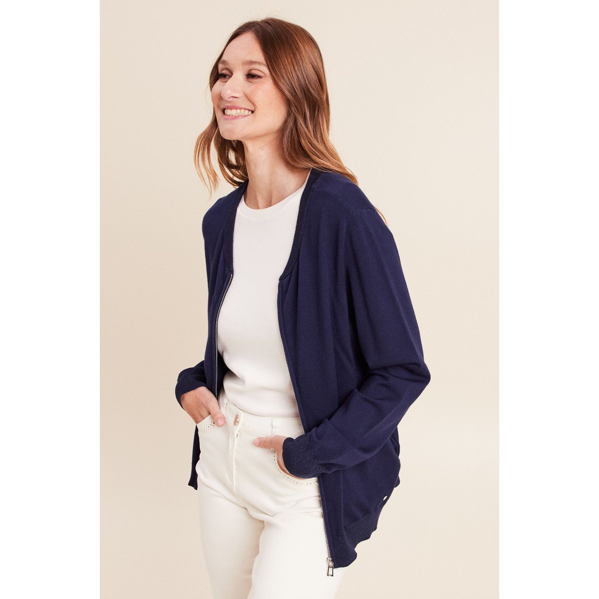 Gilet droit mi-long manches longues bleu marine, BREAL