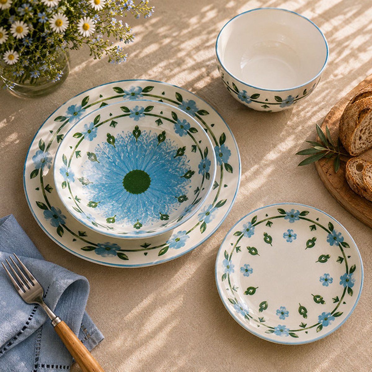 Lot de 6 assiettes plates 27cm en porcelaine, PRIMAVERA blanc et bleu, NOVASTYL