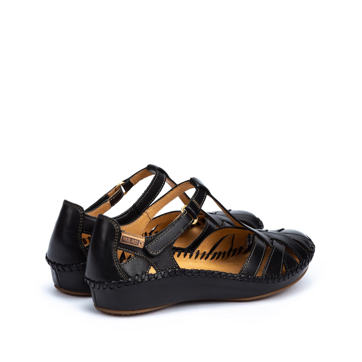 Sandales semi-compensées en cuir Vallarta noir, PIKOLINOS