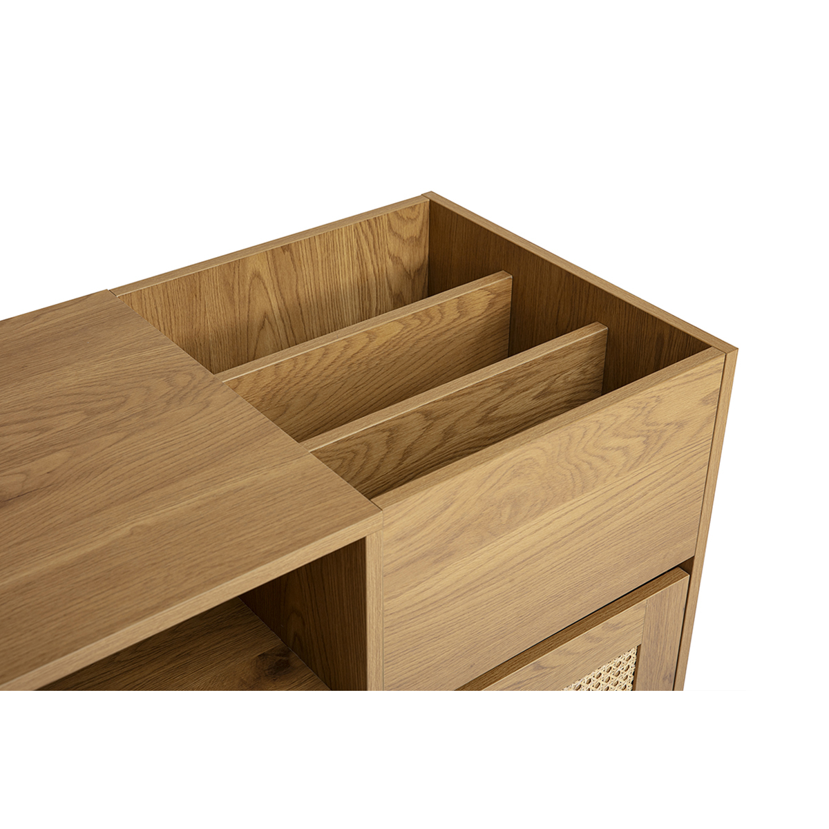 Buffet de rangement vinyles finition bois clair chêne et cannage rotin L95 cm ALICANTE chêne clair, MILIBOO