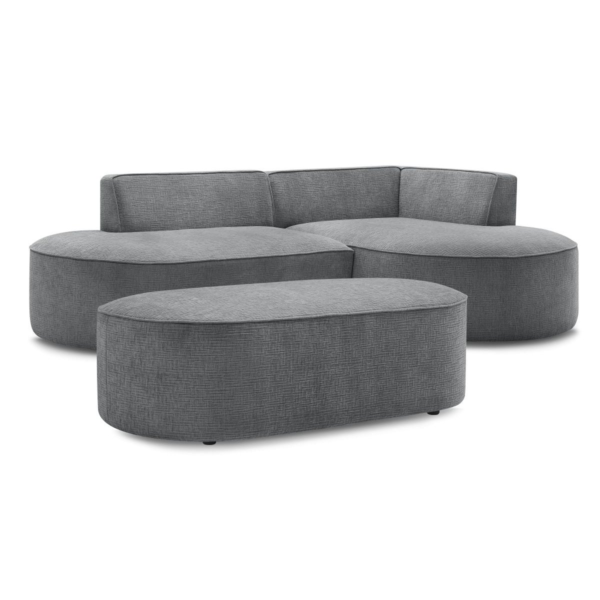 Canapé d'angle fixe 5 places en tissu texturé avec pouf, ROUSSEAU gris foncé, BOBOCHIC
