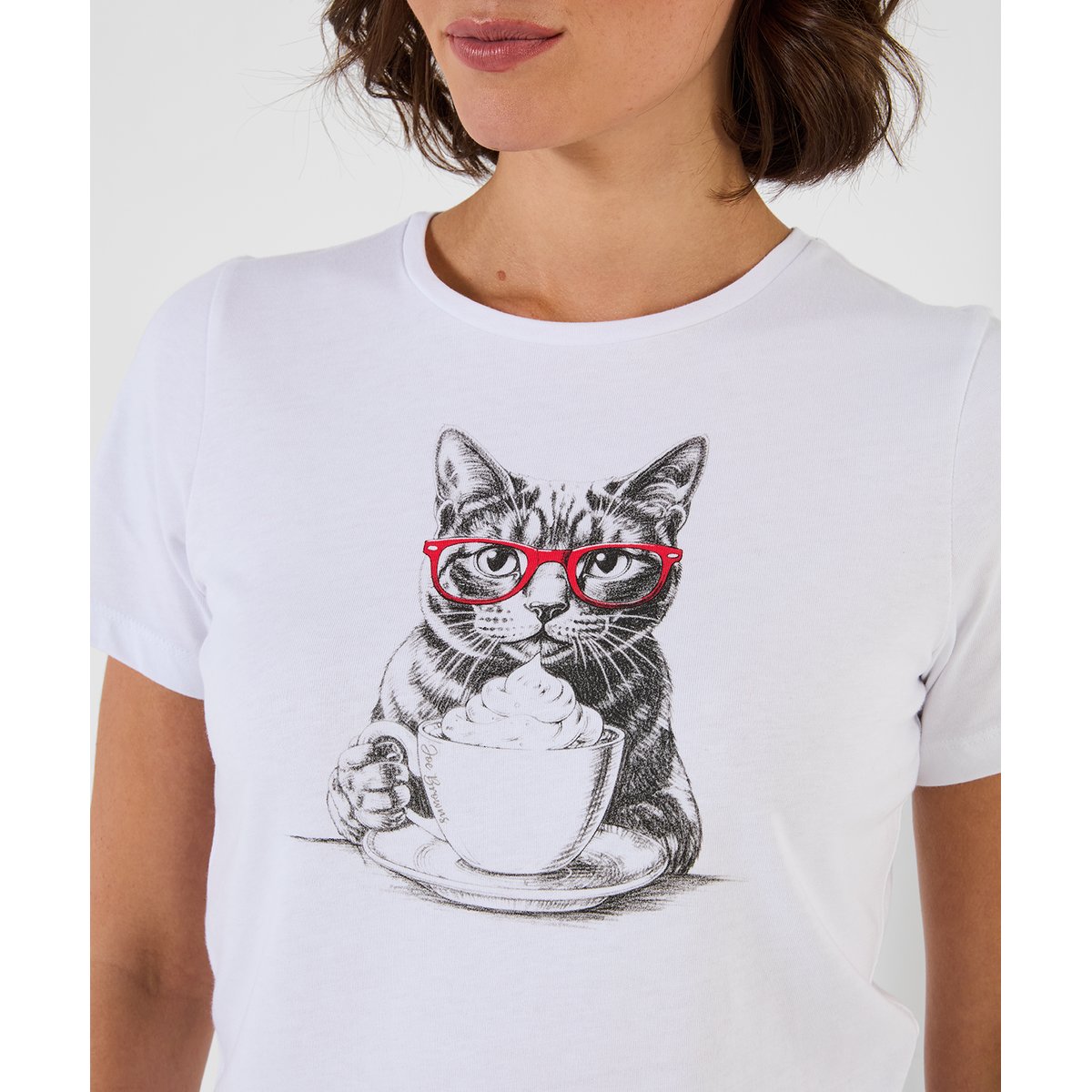 T-Shirt à Manches Courtes Imprimé Chat à Lunettes blanc, JOE BROWNS