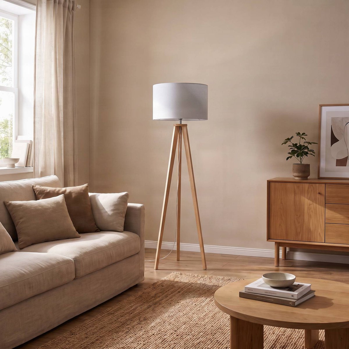 Lampadaire en textile scandinave, Charlia bois clair, blanc, LINDBY