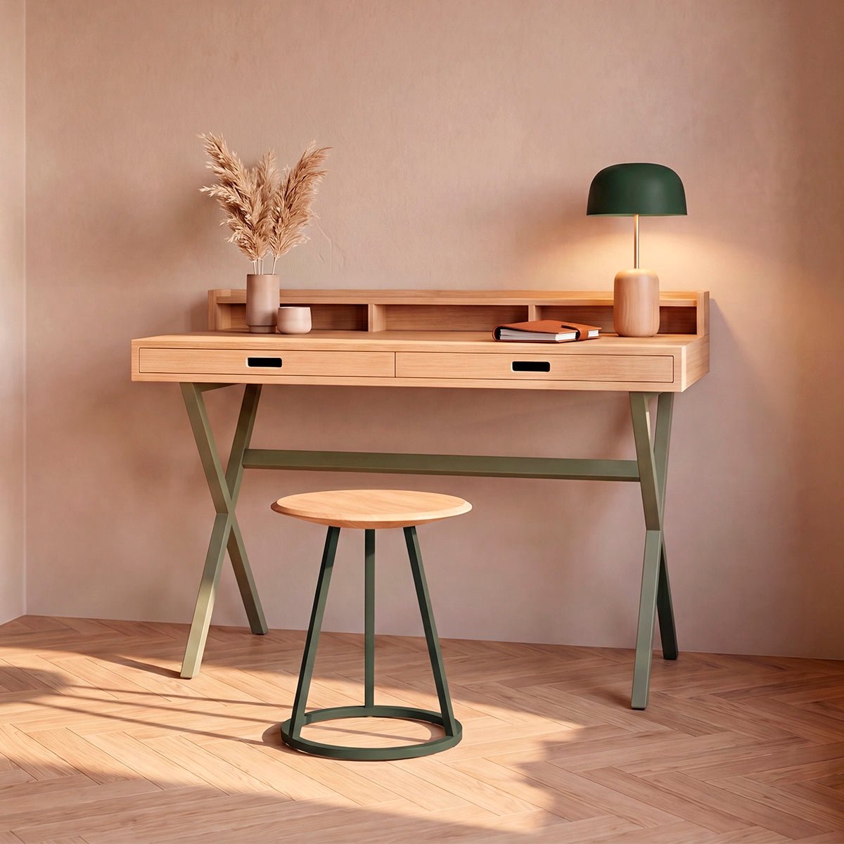 Bureau en chêne teinté et métal coloré, HYPPOLITE vert sauge, HARTO
