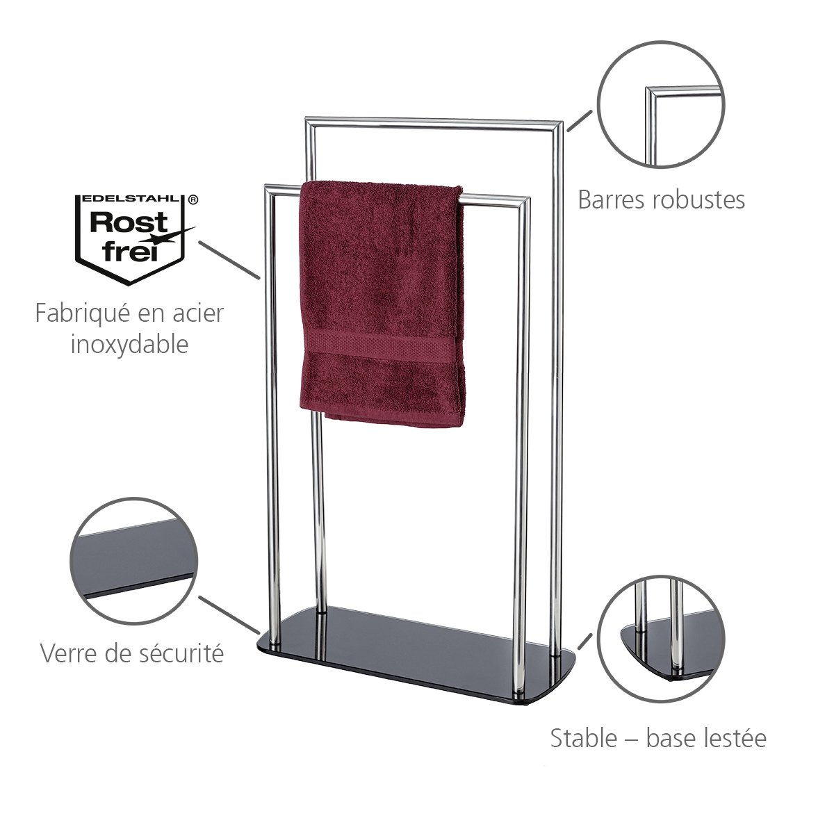 Porte serviettes sur pied 2 barres RAVINA argent brillant, WENKO