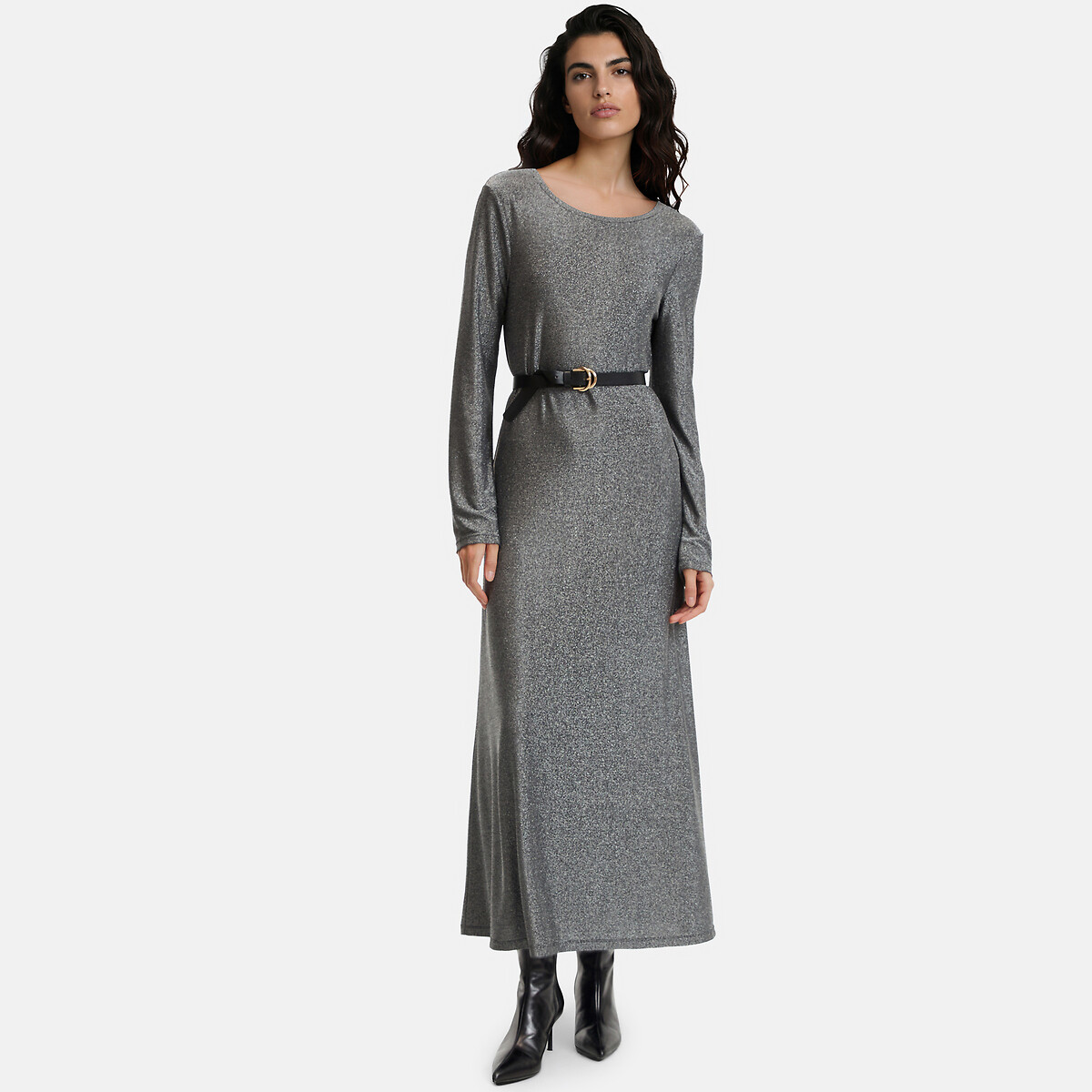 Langes Kleid mit langen Ärmeln aus glänzendem Strick schwarz silber, LA REDOUTE COLLECTIONS