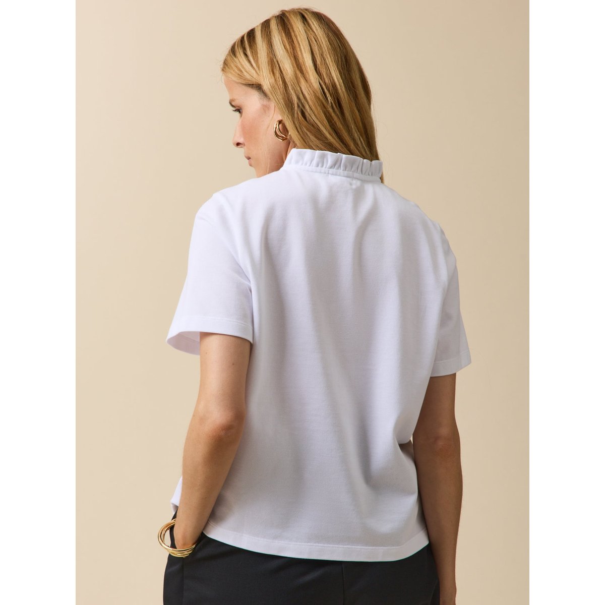 Polo maille piquée col volanté blanc, CYRILLUS