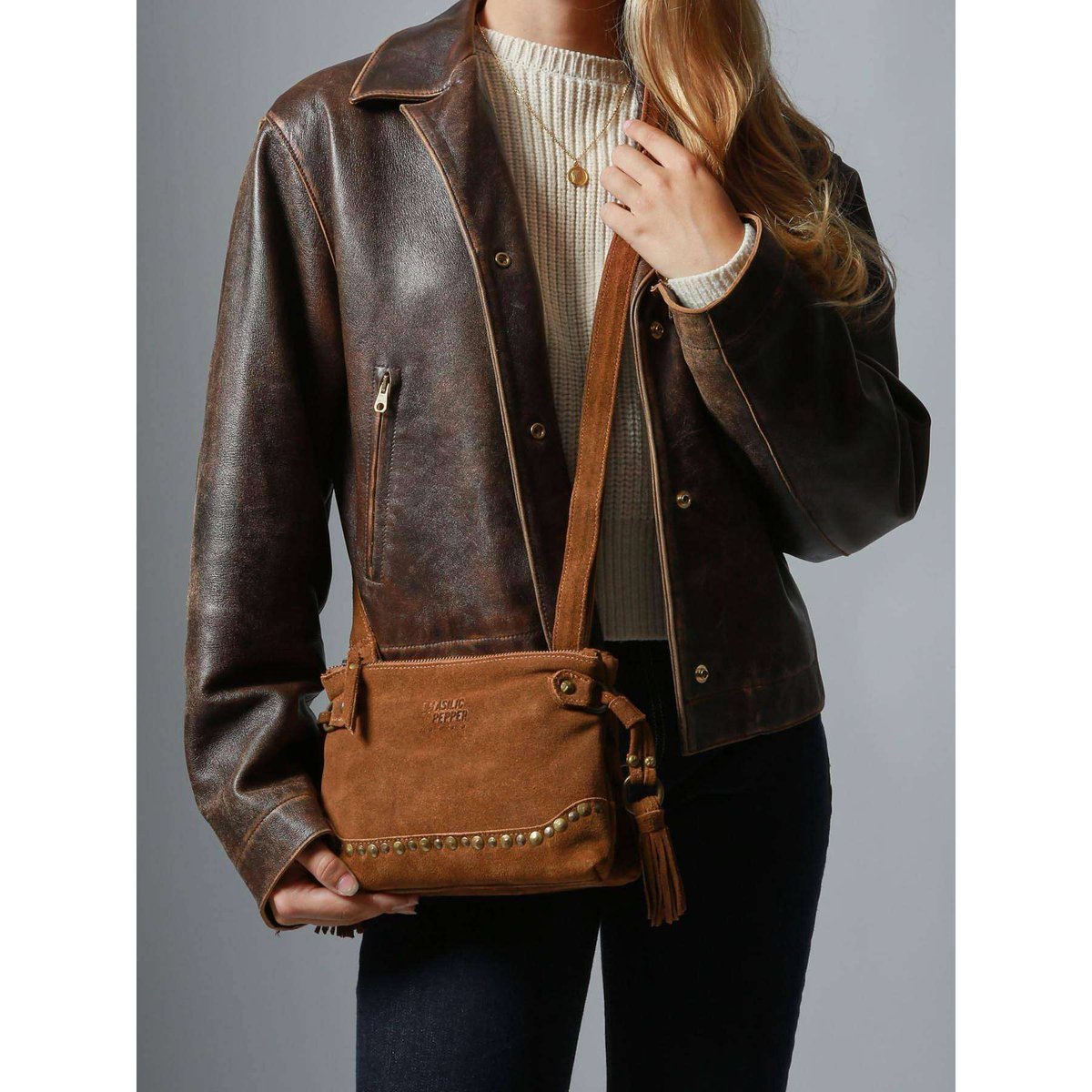 Sac bandoulière Houston cuir tan, BASILIC PEPPER