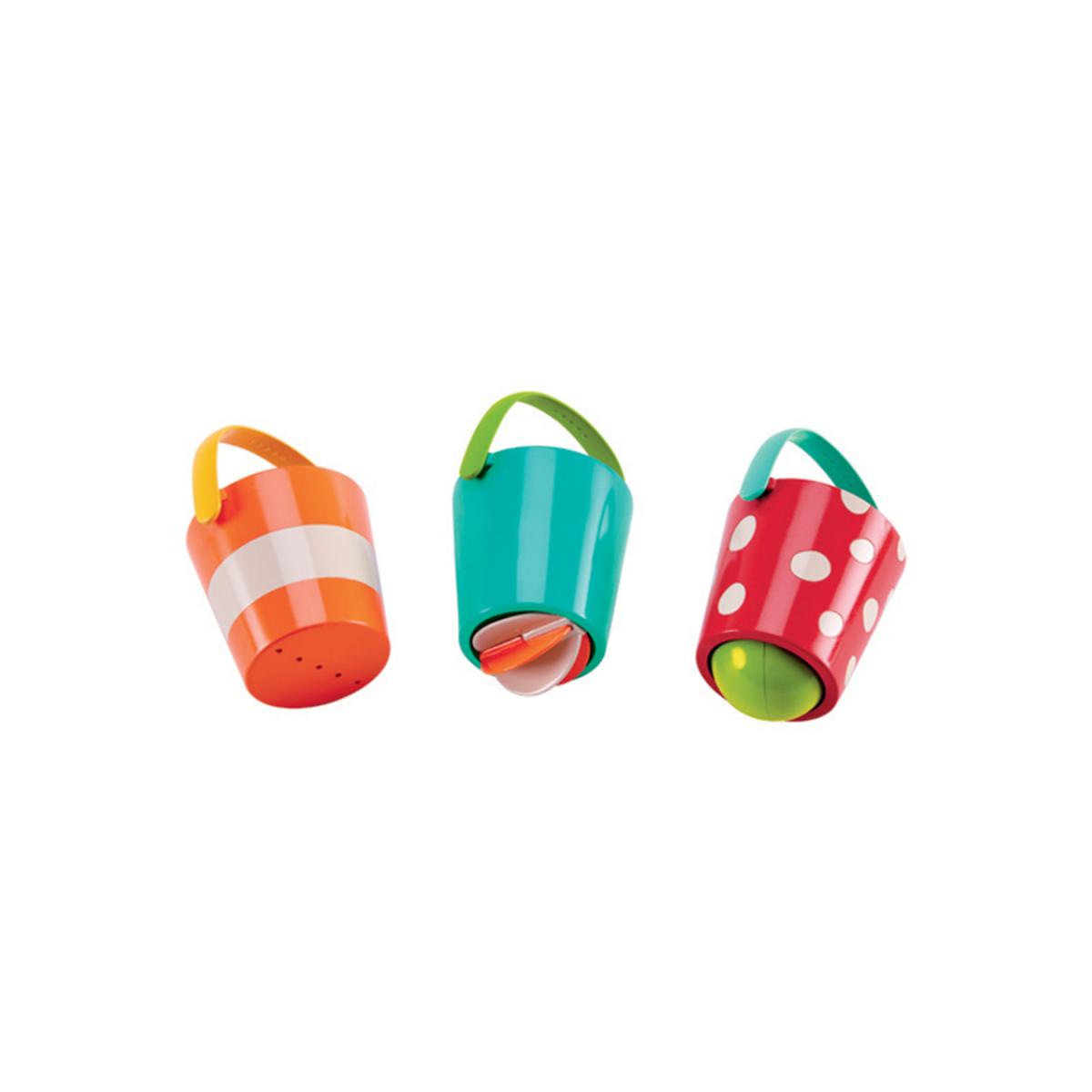 Jouet de bain seaux colorés orange, rouge, bleu, HAPE