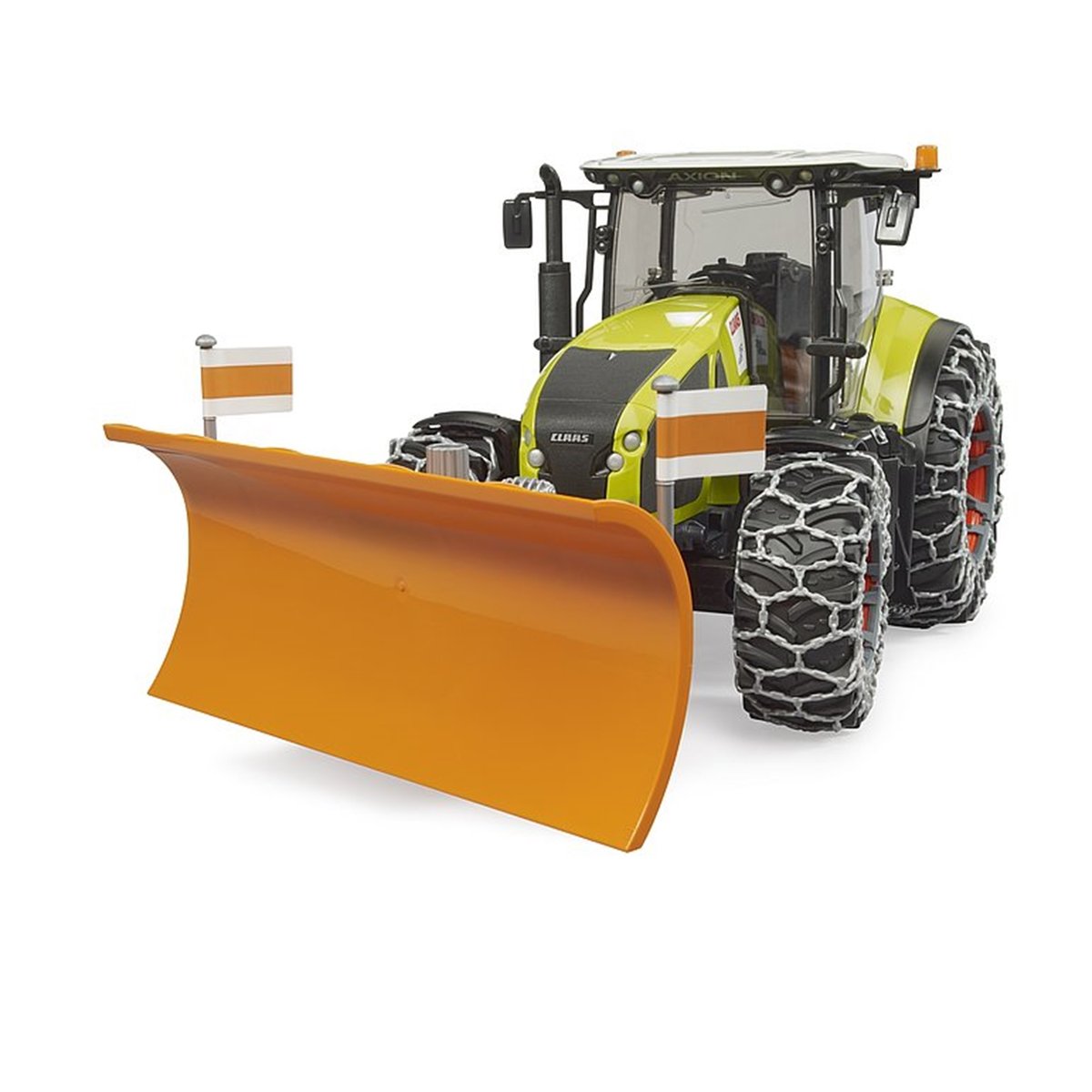 Claas Axion 950 avec chaînes à neige et lame de niveleuse multicolore, BRUDER