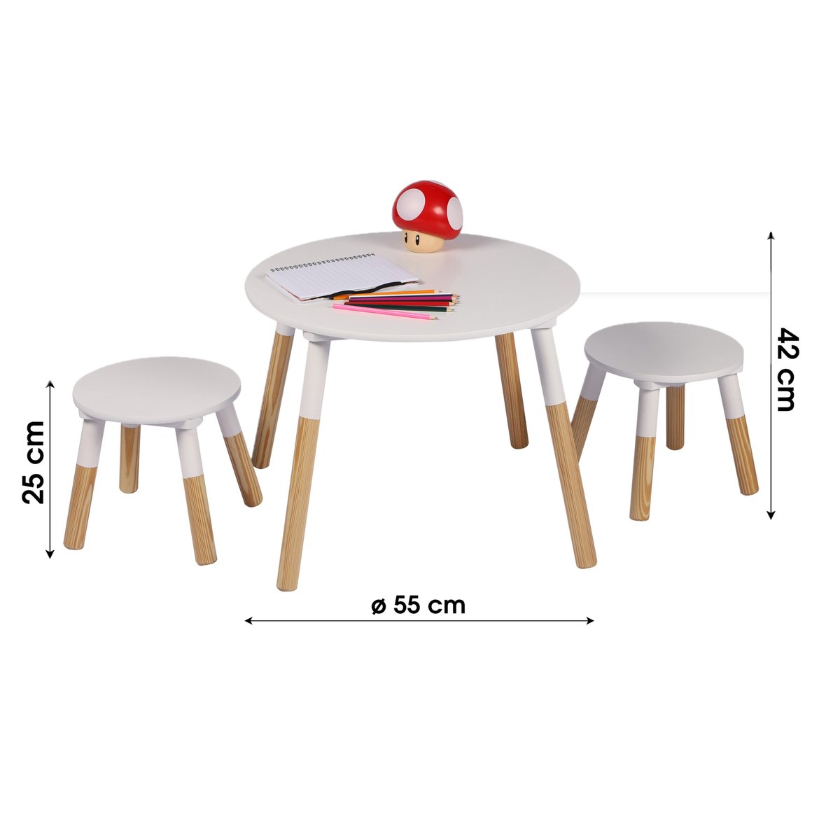 Table enfant avec 2 tabourets avec pieds bicolores DREAM blanc, TOILINUX
