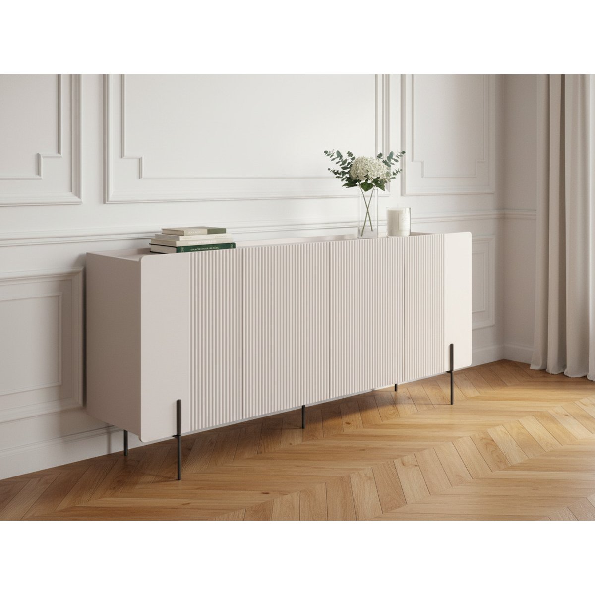 Buffet bas en panneaux de particules et MDF 4 portes 200 cm, MATHILDE beige, BOBOCHIC