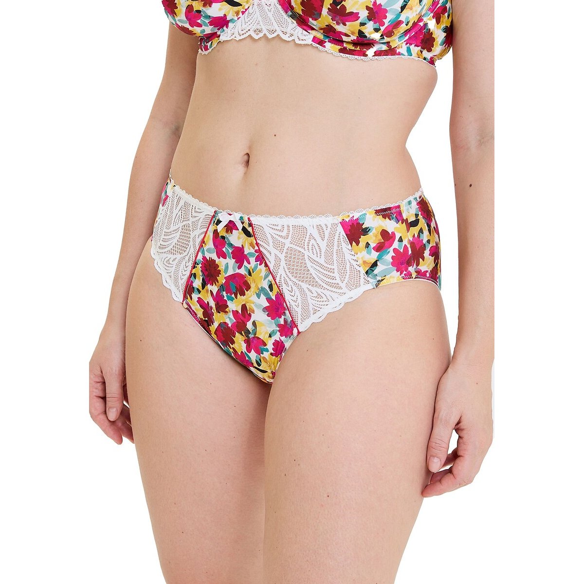 Slip en dentelle et microfibre CELIA fleurs rouges/jaunes, SANS COMPLEXE