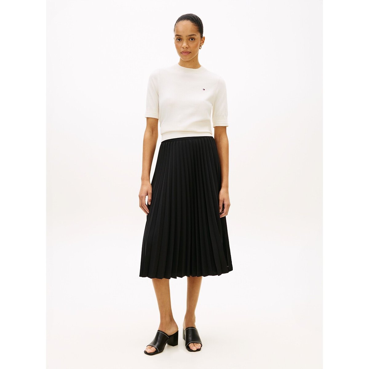 Jupe midi plissée à taille élastiquée noir, TOMMY HILFIGER