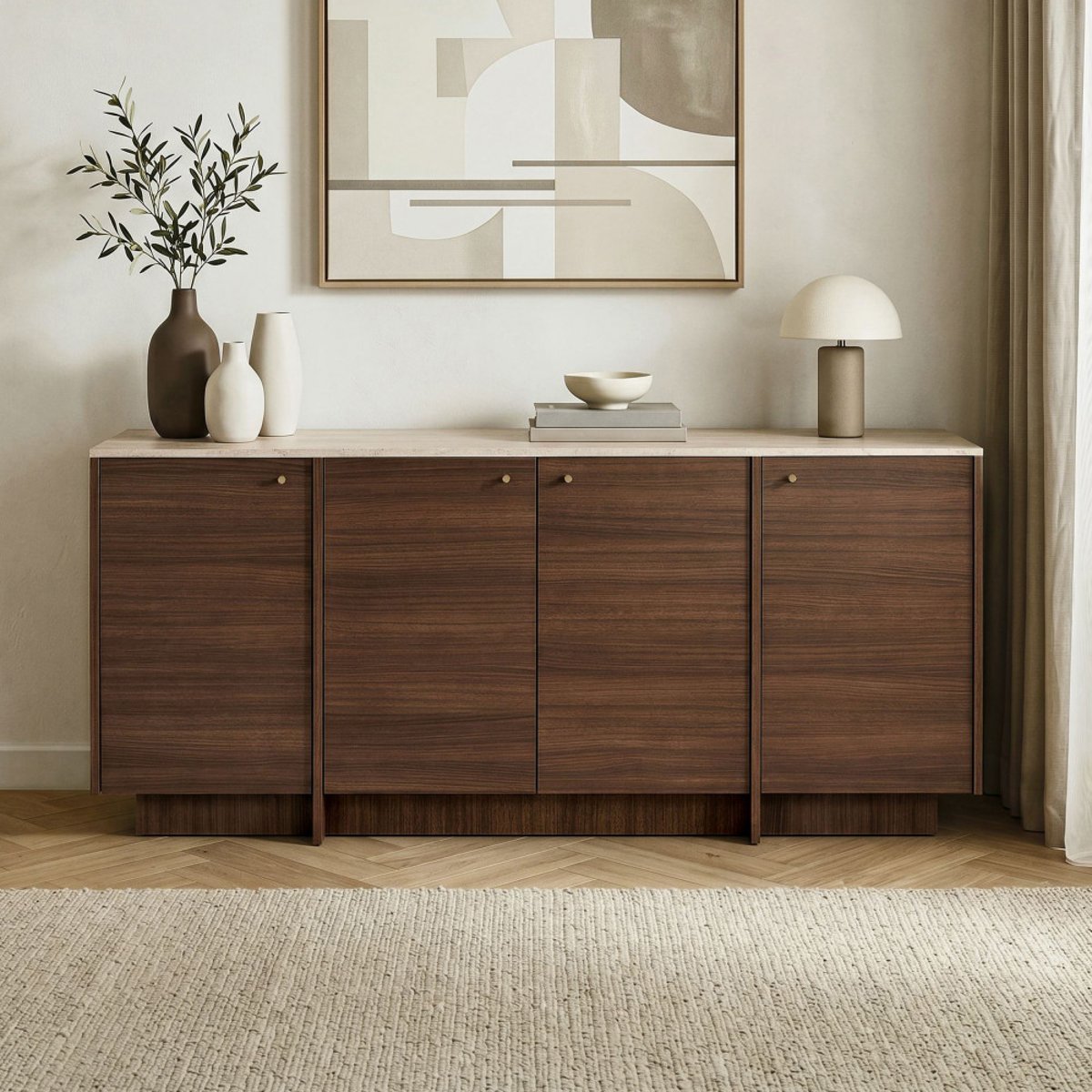 Buffet 4 portes plateau effet travertin et bois L180cm- HOPA bois foncé, DRAWER