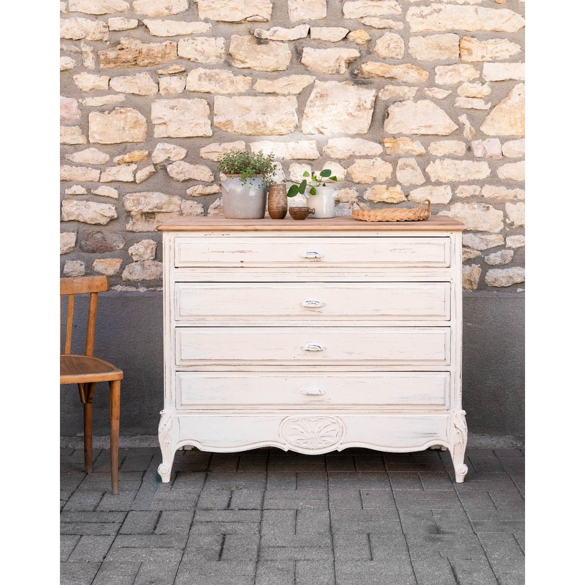 Grande commode blanche en bois massif Garance N°745 - Bon état bois clair, DEBONGOUT