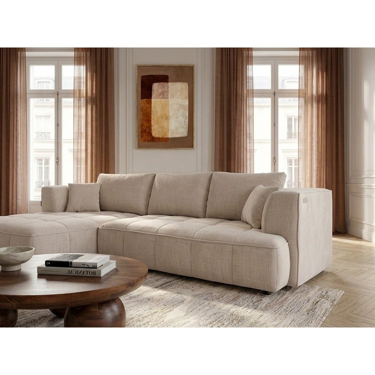 Canapé droit convertible 3 places en tissu lisse, CLOVIS beige, BOBOCHIC