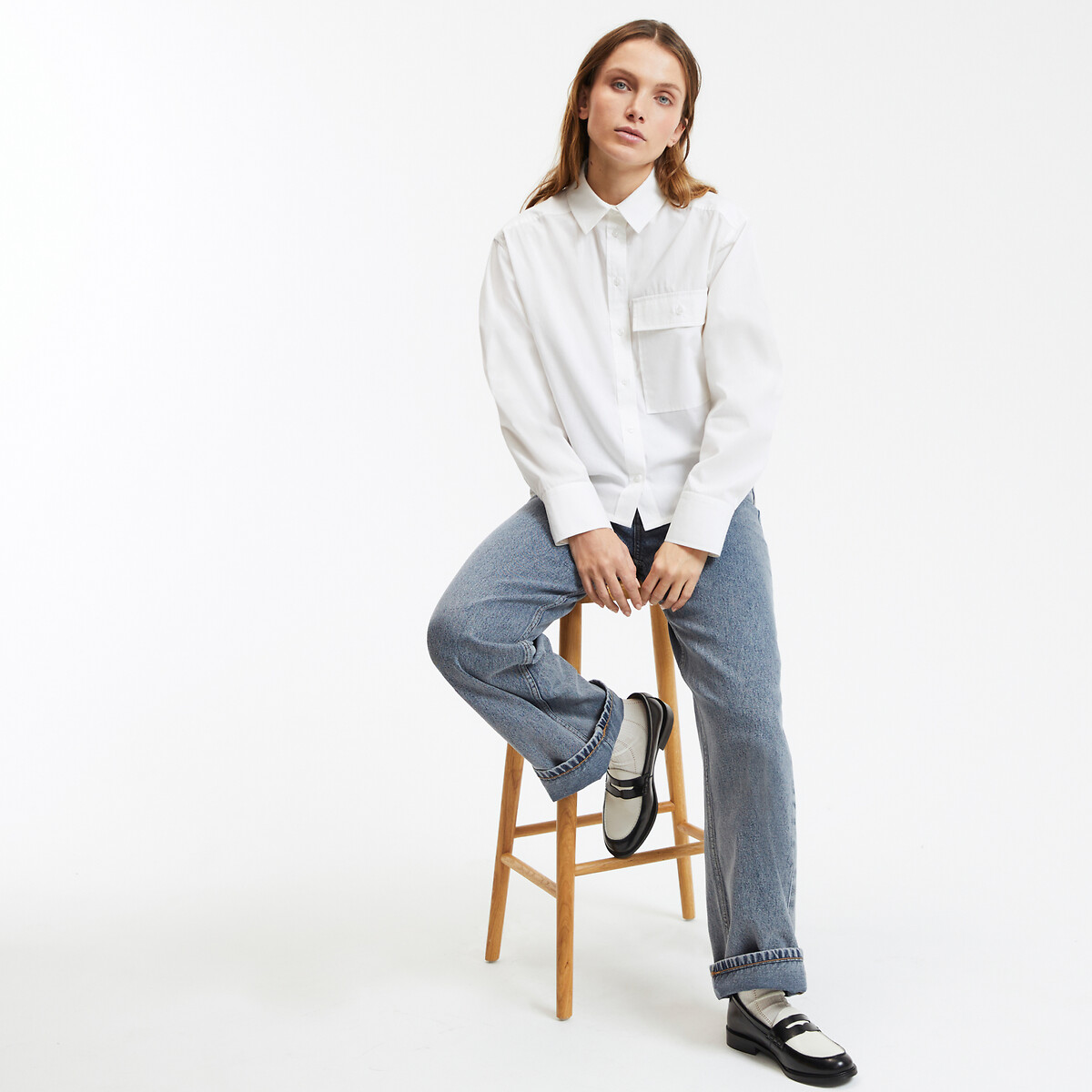 Cotton Short Boxy Shirt with Long Sleeves white, LA REDOUTE COLLECTIONS