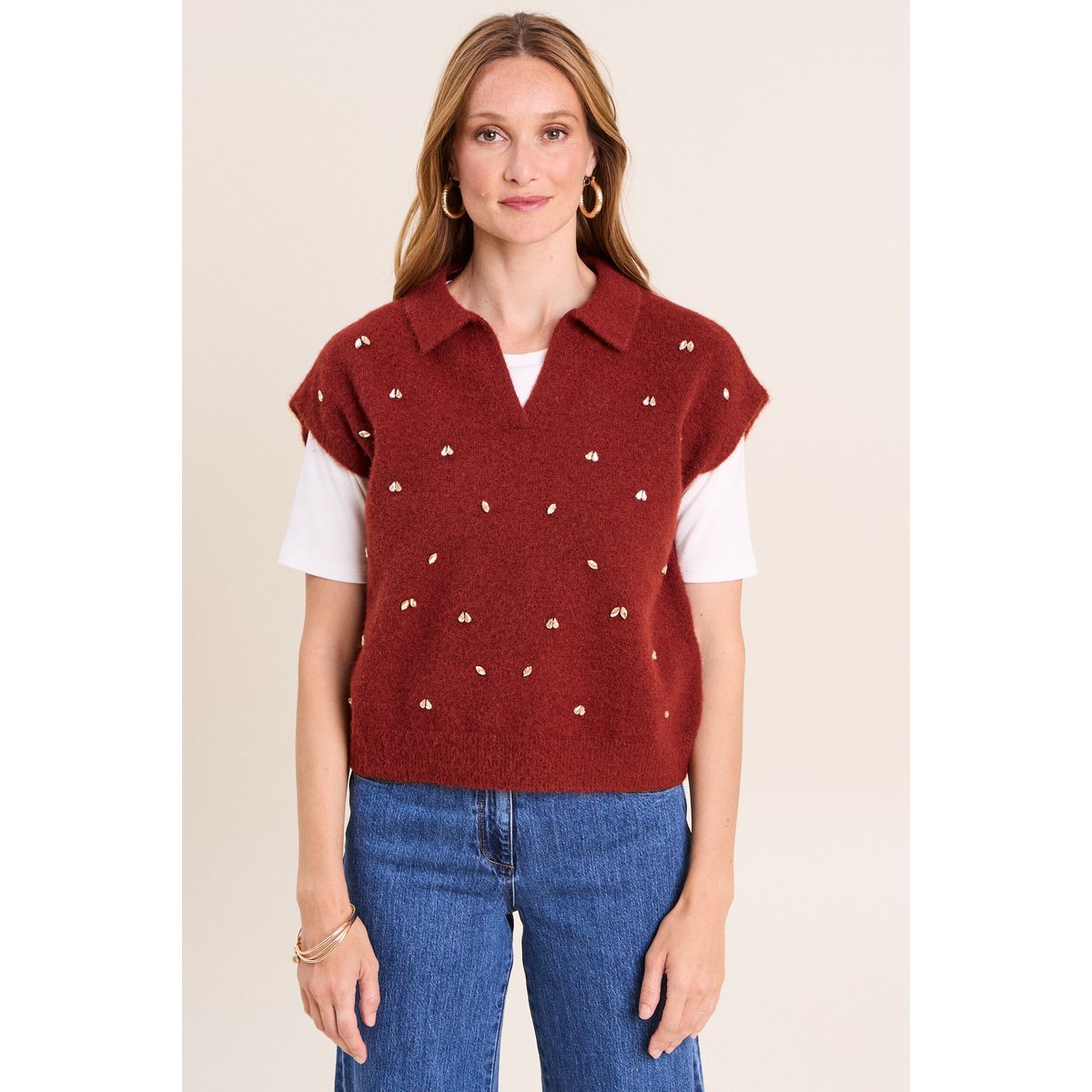 Pull sans manches col chemise orange foncé, BREAL