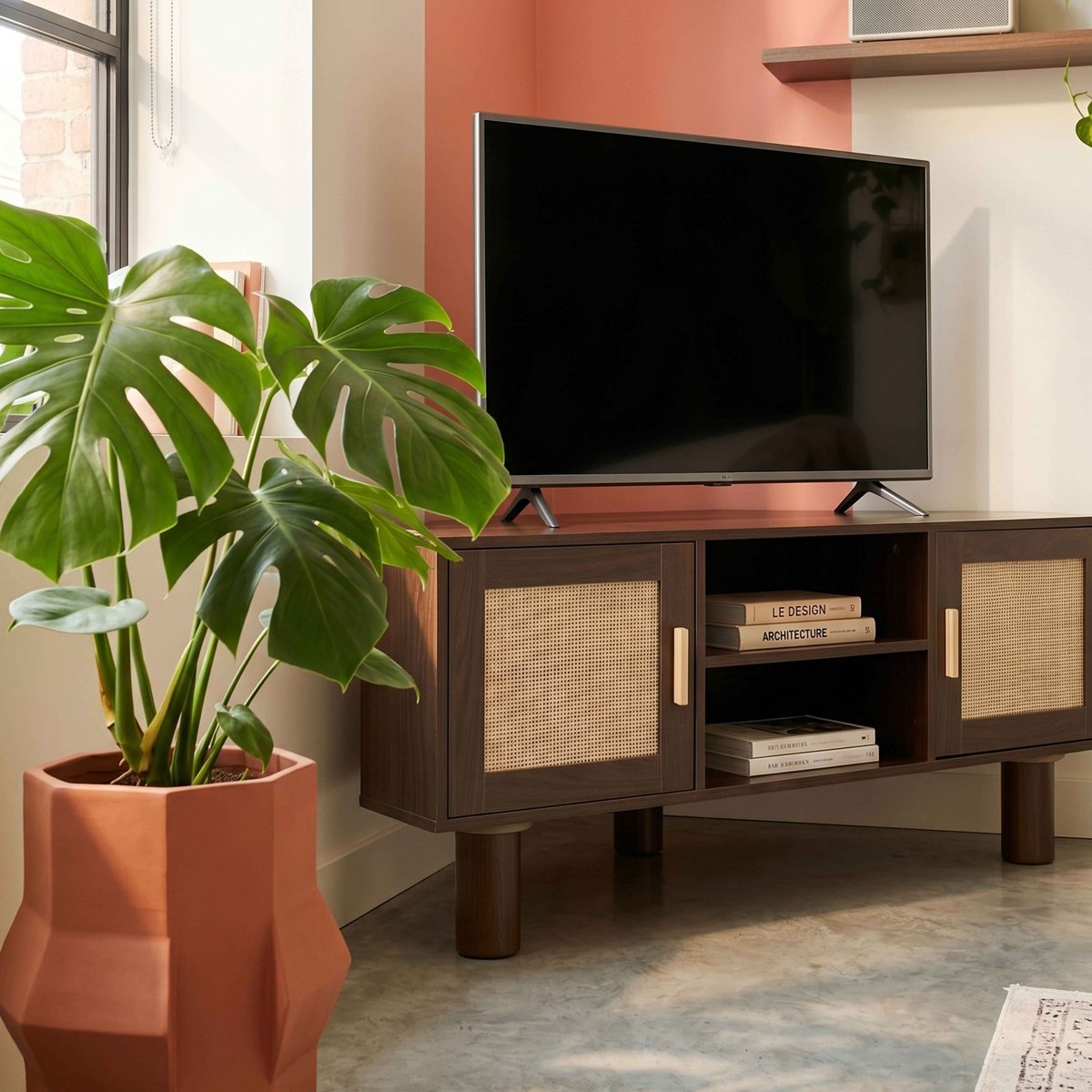 Meuble TV d'angle effet bois et cannage 120 cm en rotin synthétique style bohème, ADAM bois foncé, OVIALA