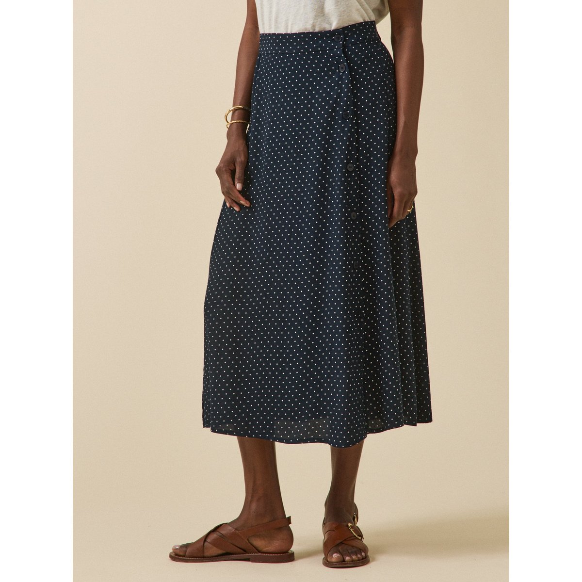 Jupe mi-longue viscose imprimé pois pois ecru fond encre, CYRILLUS
