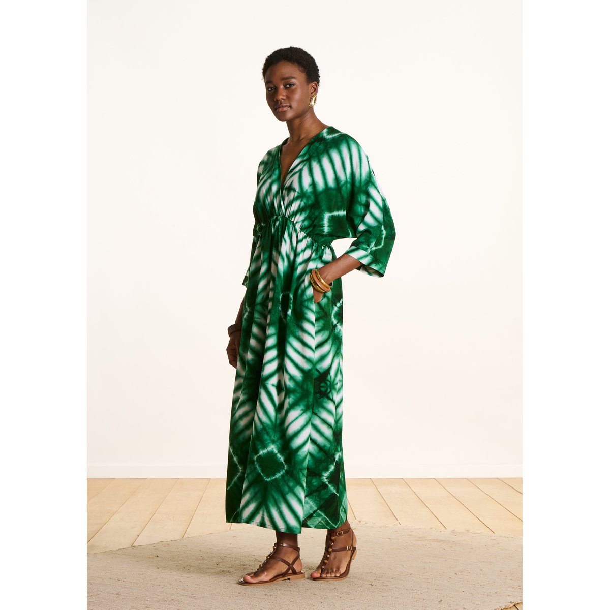 Robe longue manches 3/4 à imprimé vert, LA FEE MARABOUTEE