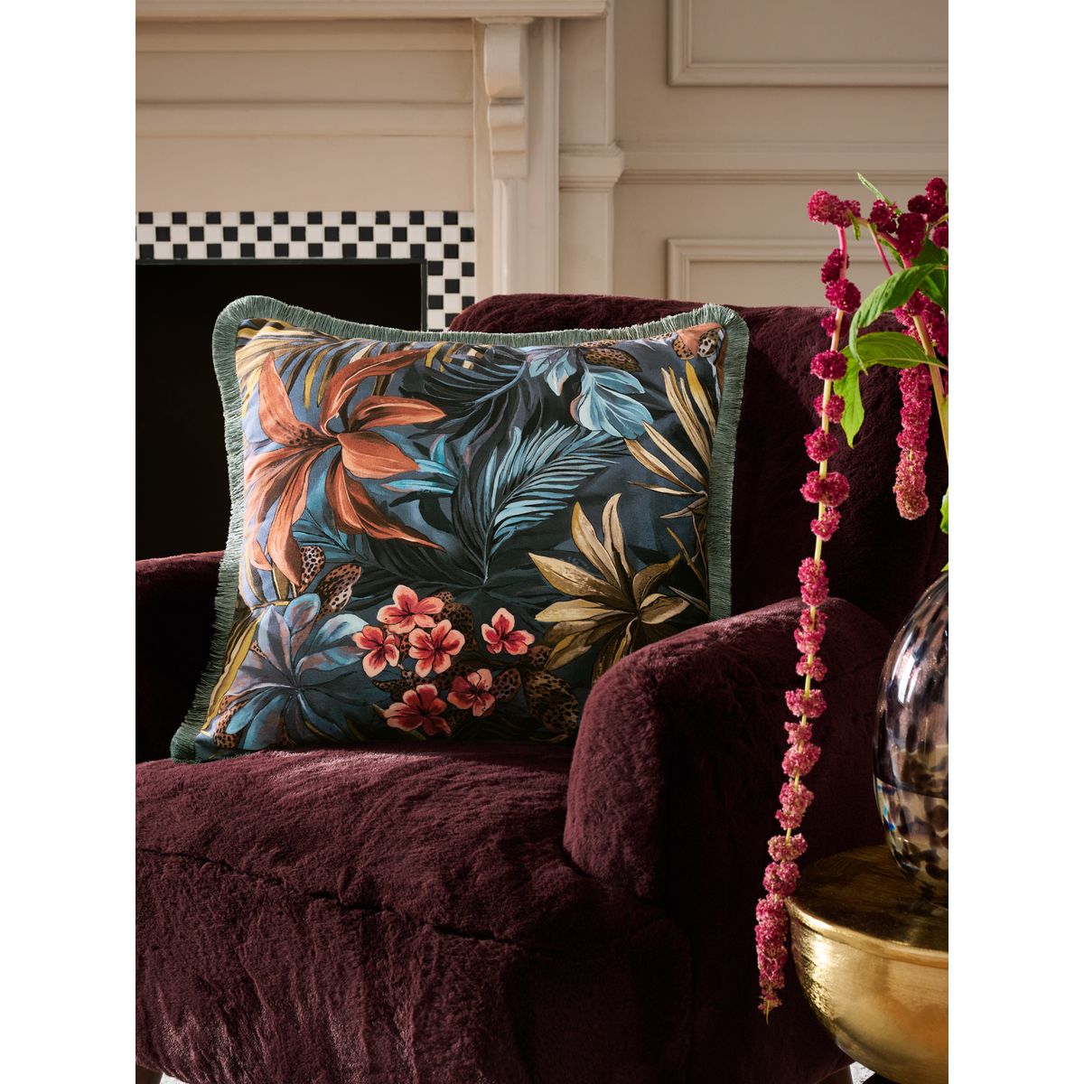 Coussin en velours à feuilles 50 x 50 cm bleu sarcelle, NEXT