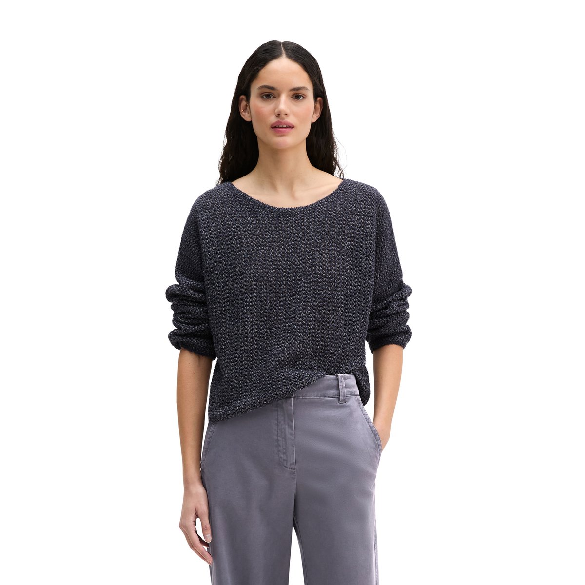 Pull ajouré loose en mélange de coton bio bleu foncé, MARC O'POLO