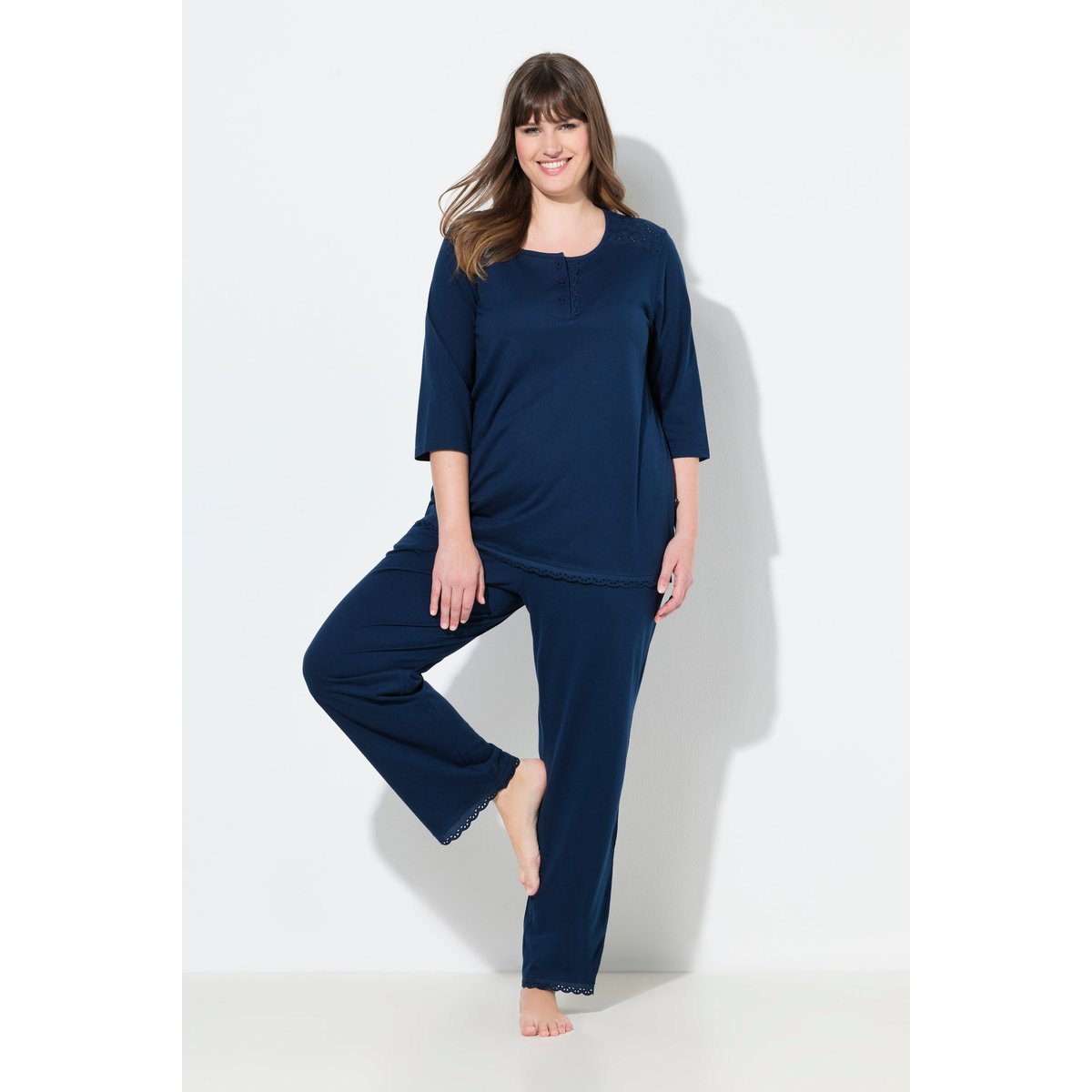 Pyjama à col rond et manches 3/4 bleu nuit, ULLA POPKEN