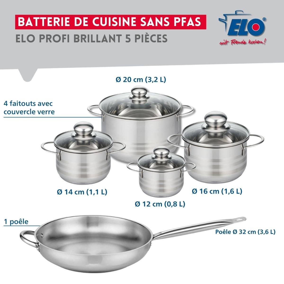 Batterie 1 poêle 32cm + 4 faitouts 12/14/16/20cm PROFI BRILLANT gris, ELO
