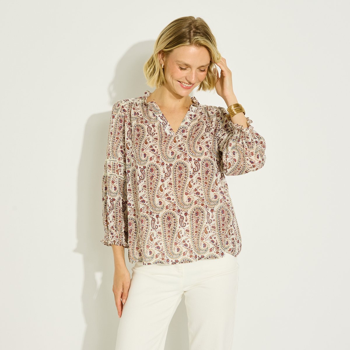 Blouse imprimé bohème col V blanc cassé ecru, GRAIN DE MALICE