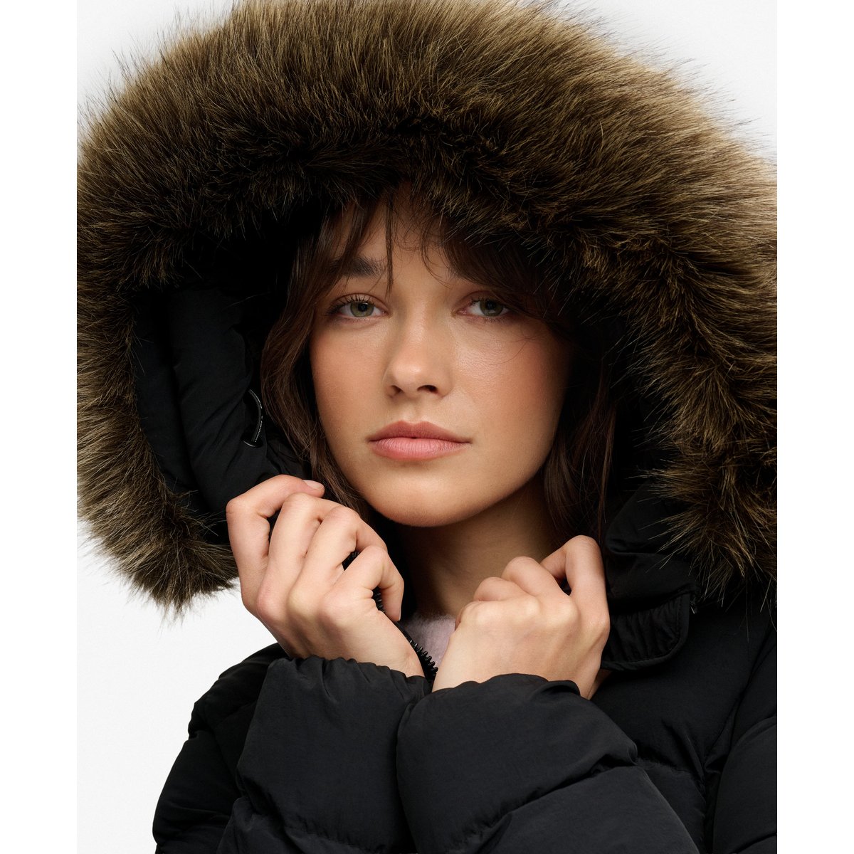 Veste Fuji Longue à Capuche en imitation Fourrure noir, SUPERDRY