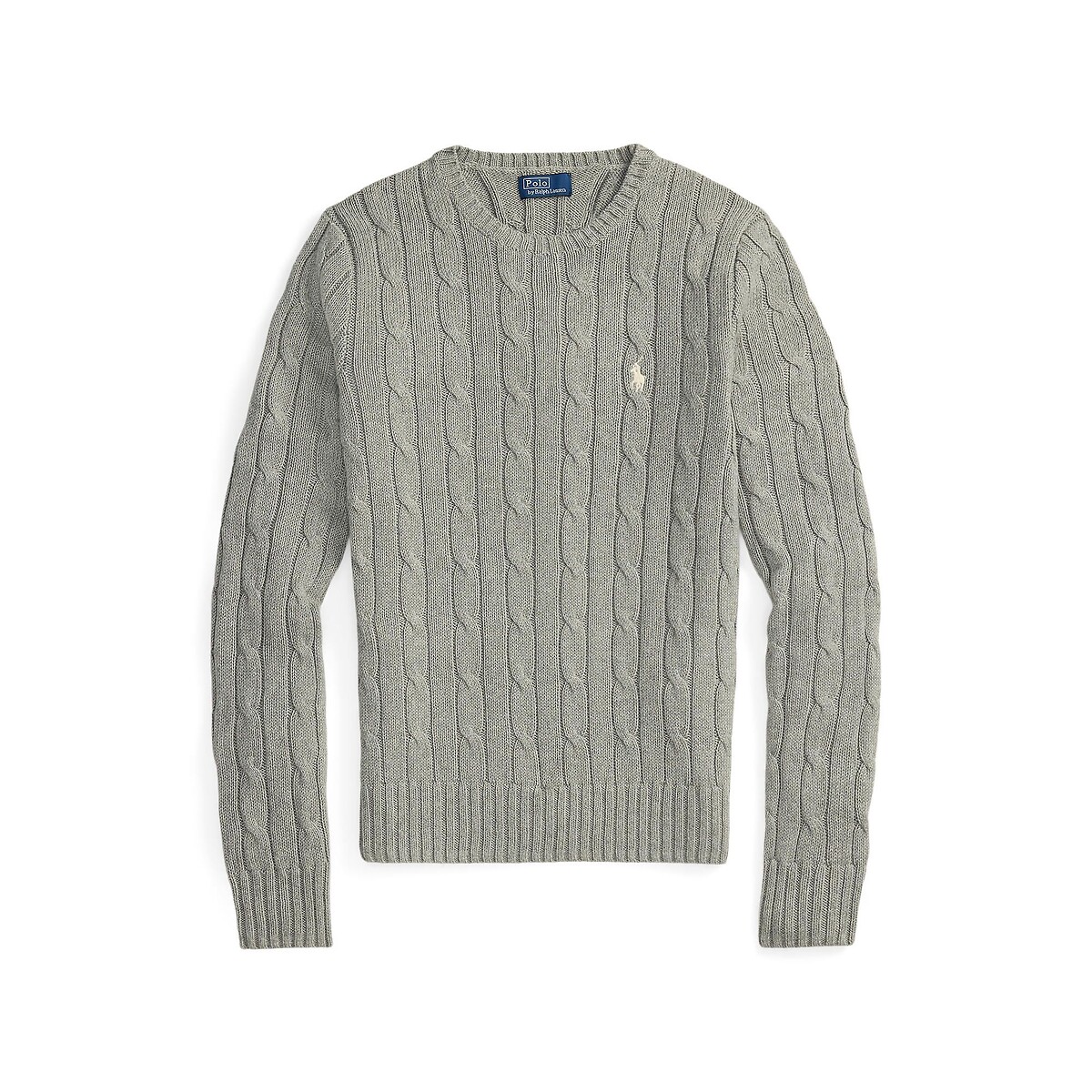 Pull à col rond, à manches longues, en maille torsadée gris, POLO RALPH LAUREN