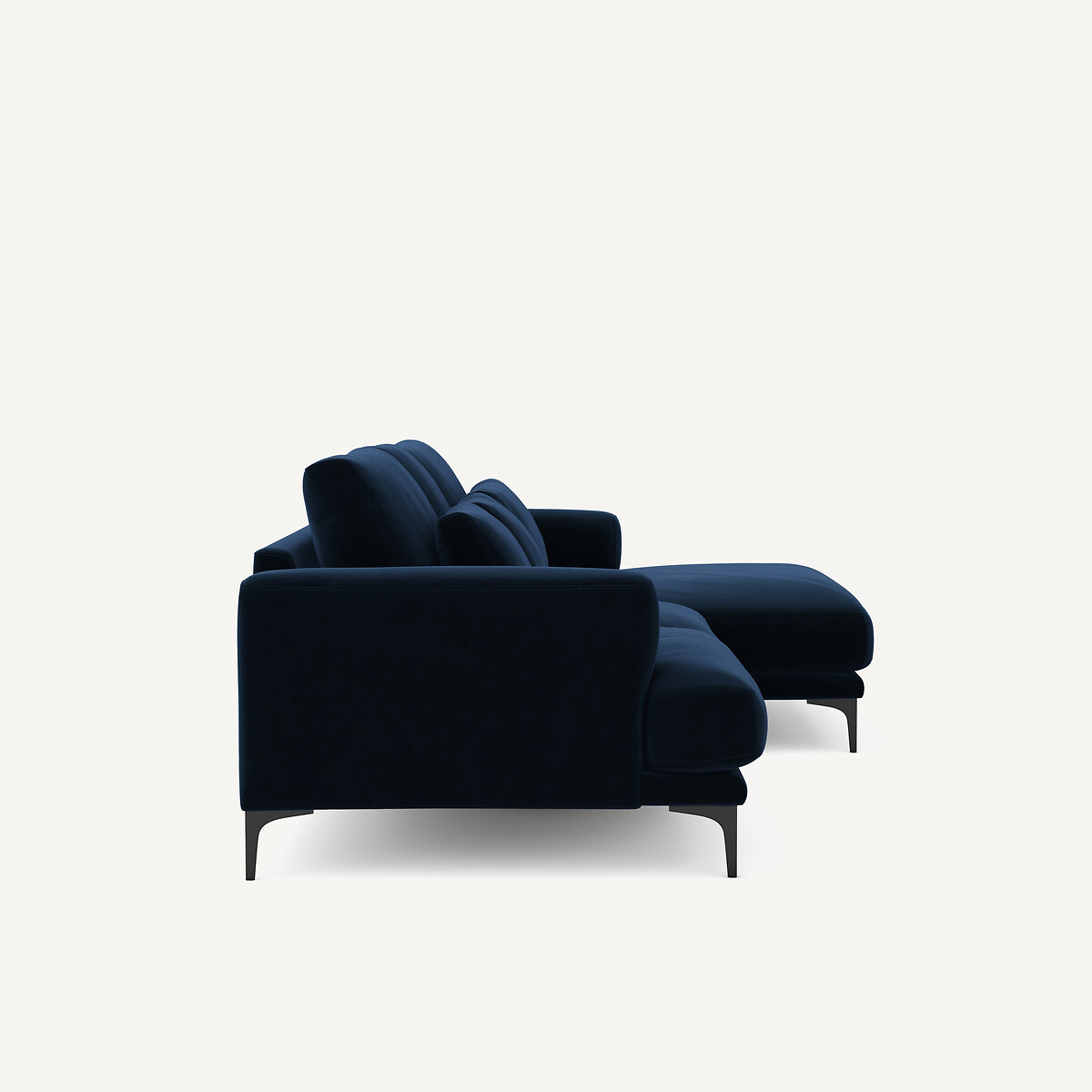 Canapé d'angle méridienne XL droite en velours, MARSILE bleu nuit, AM.PM