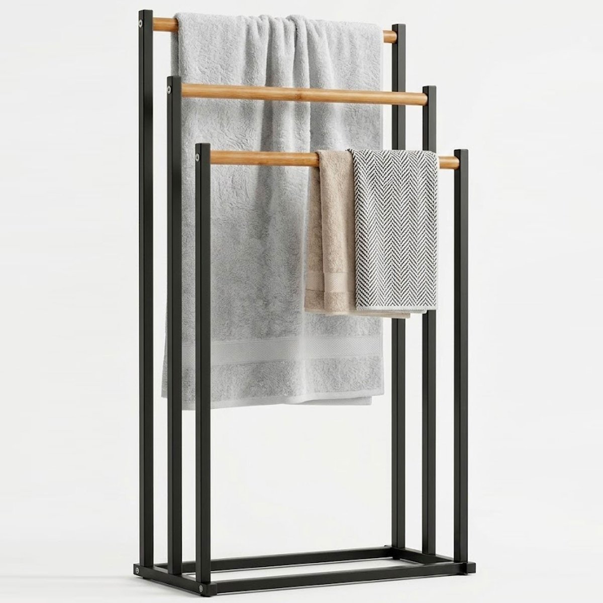 Porte-serviettes sur pied en métal noir et bambou 3 Bras 45x23x85cm noir, WADIGA