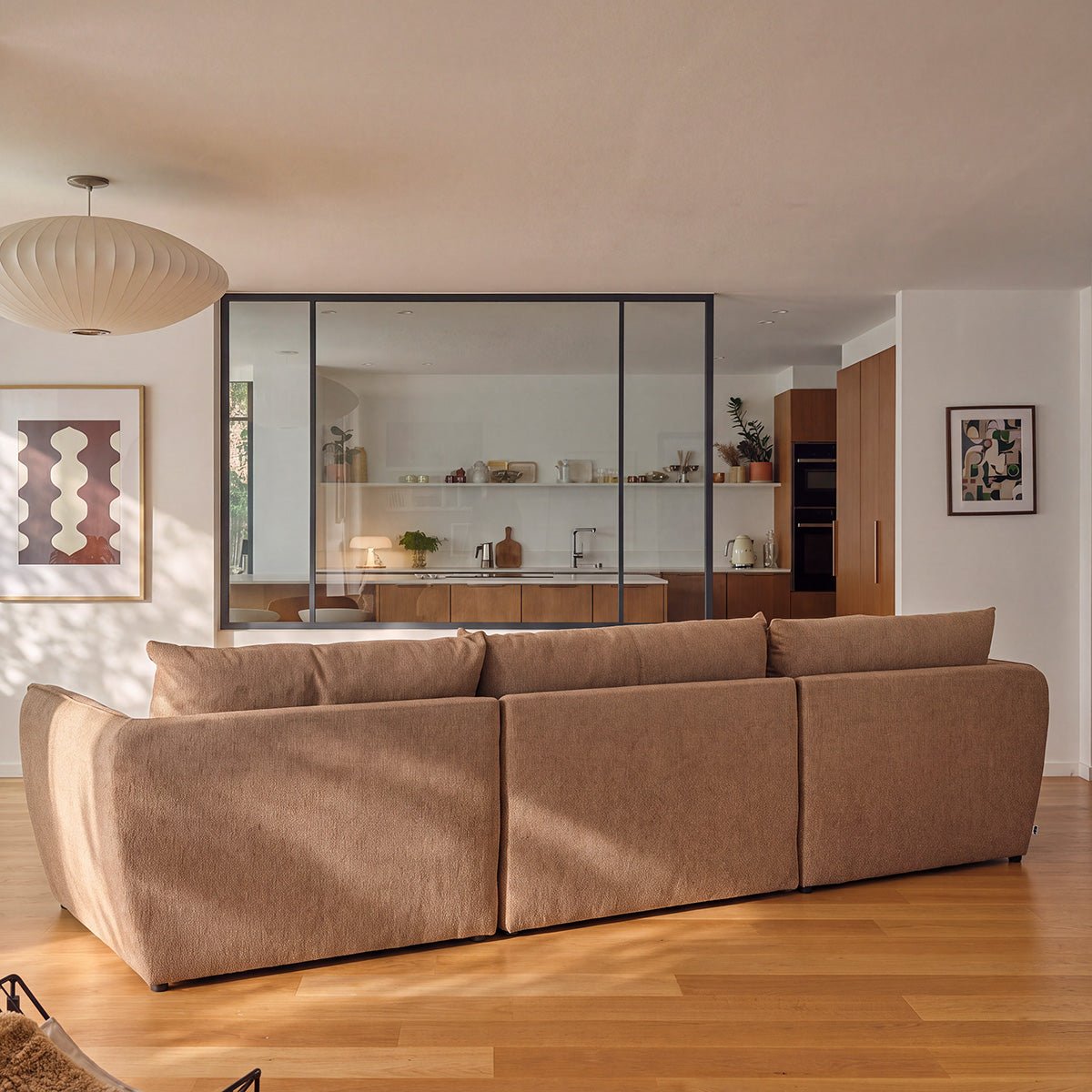 Canapé modulable angle droit 3 places en tissu texturé LEOPOLD marron clair chiné, BERAH GETAH