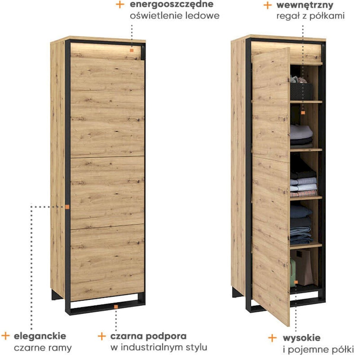 Armoire haute collection QUANT en bois chêne artisan et noir, RECOLLECTION