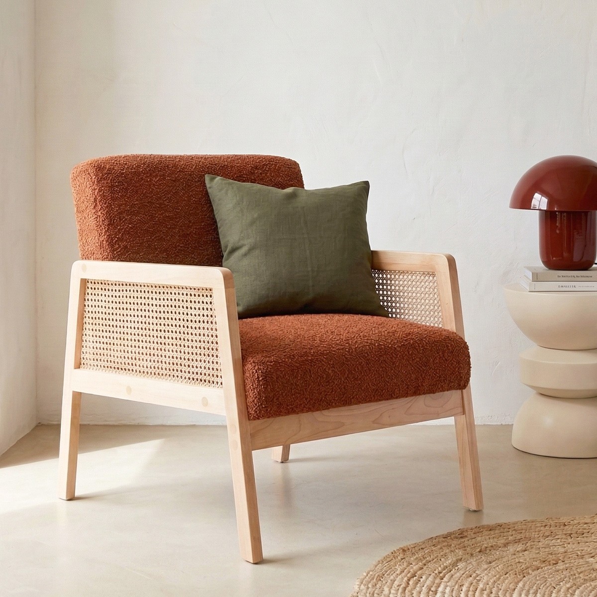 Fauteuil en cannage et tissu bouclé - MANI rouille, HOMIFAB
