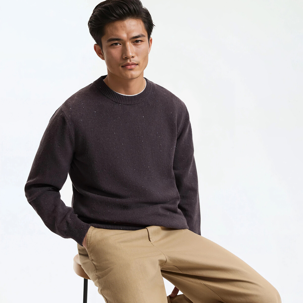 Pull col rond en fine maille marron, LA REDOUTE COLLECTIONS