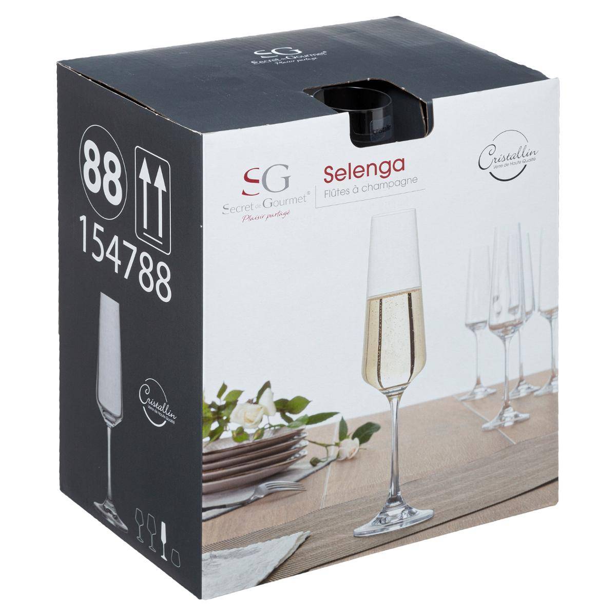 Lot de 6 flûtes à champagne en verre cristallin 16 cl SELENGA transparent, SECRET DE GOURMET