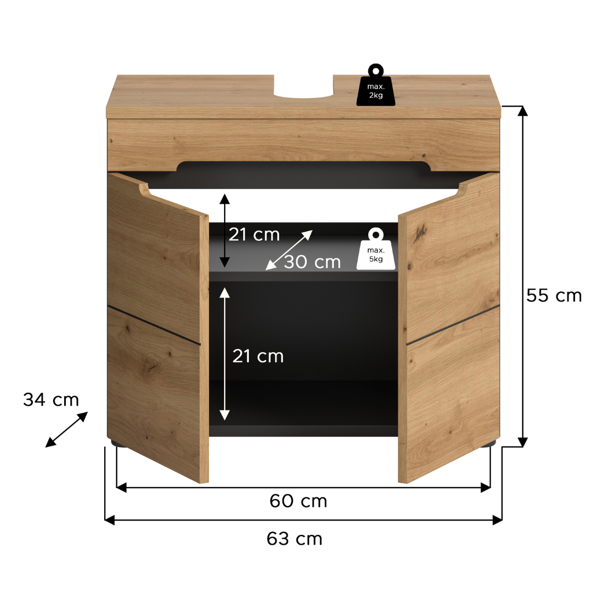 Meuble sous lavabo 2 portes ENO bois clair, CALICOSY