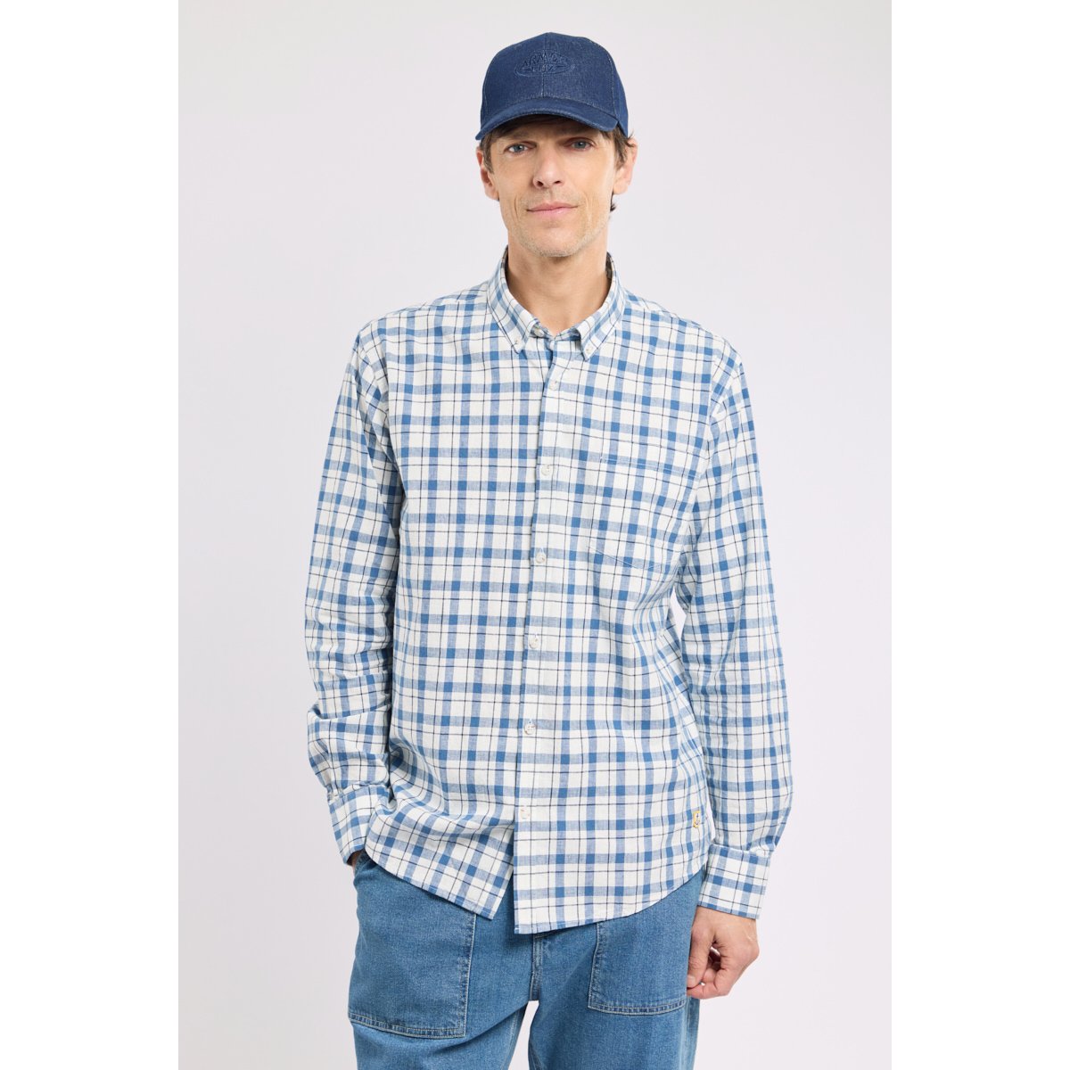 Chemise à carreaux - coton et lin carreaux délavé bleu, ARMOR-LUX