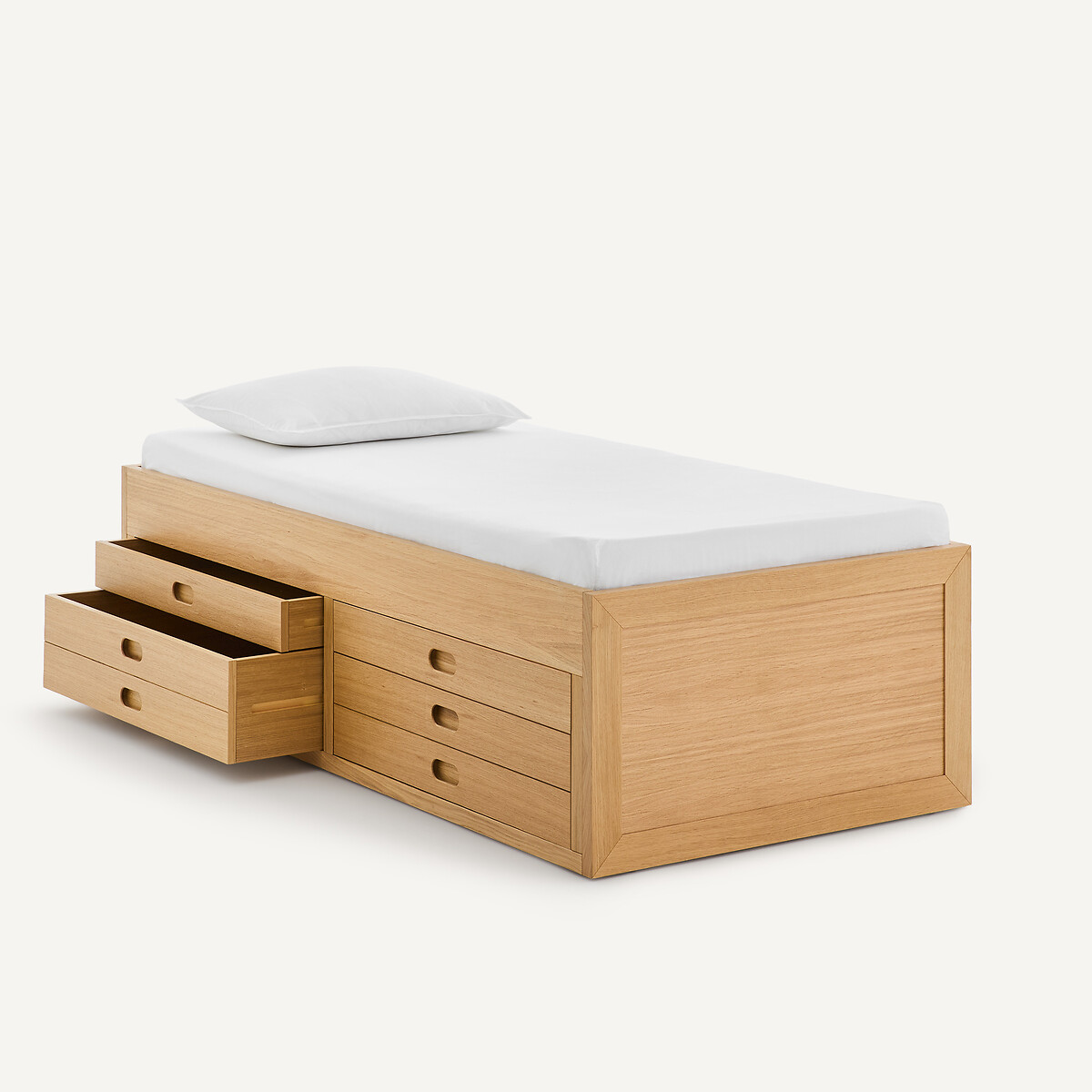 Cama de plataforma com 4 gavetas em folheado de carvalho, OCTAVO carvalho natural, AM.PM