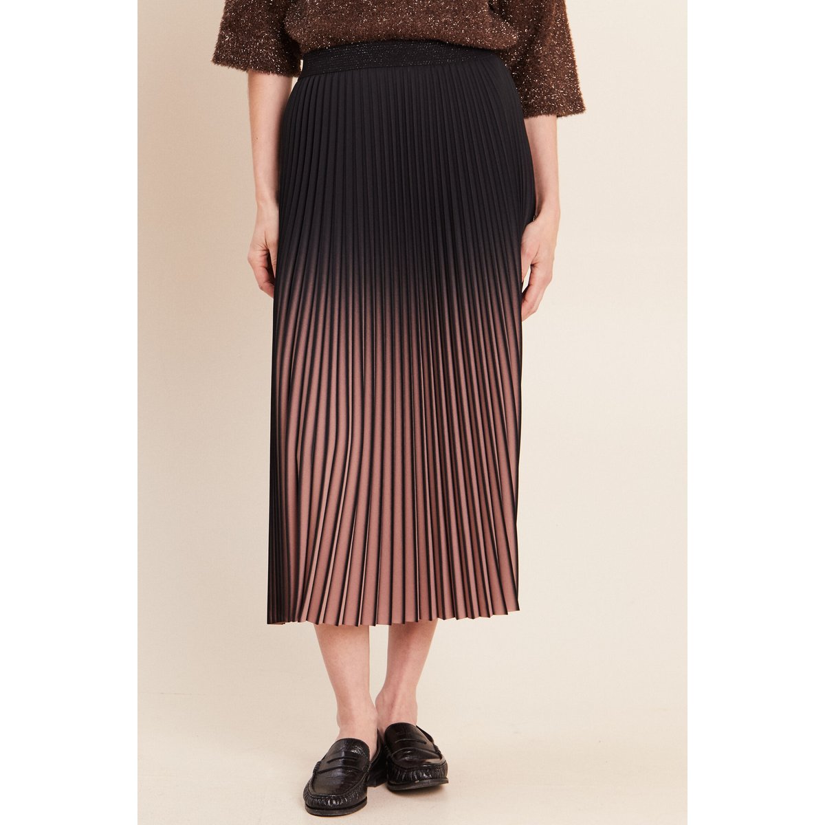 Jupe midi patineuse plissée marron foncé, BREAL