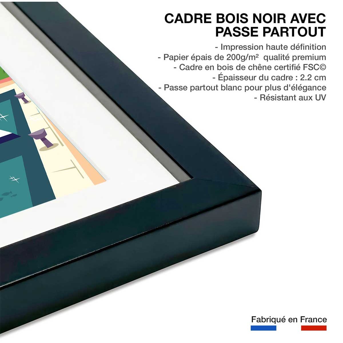 Affiche vacances à Sanary affiche + cadre en bois - noir, HEXOA