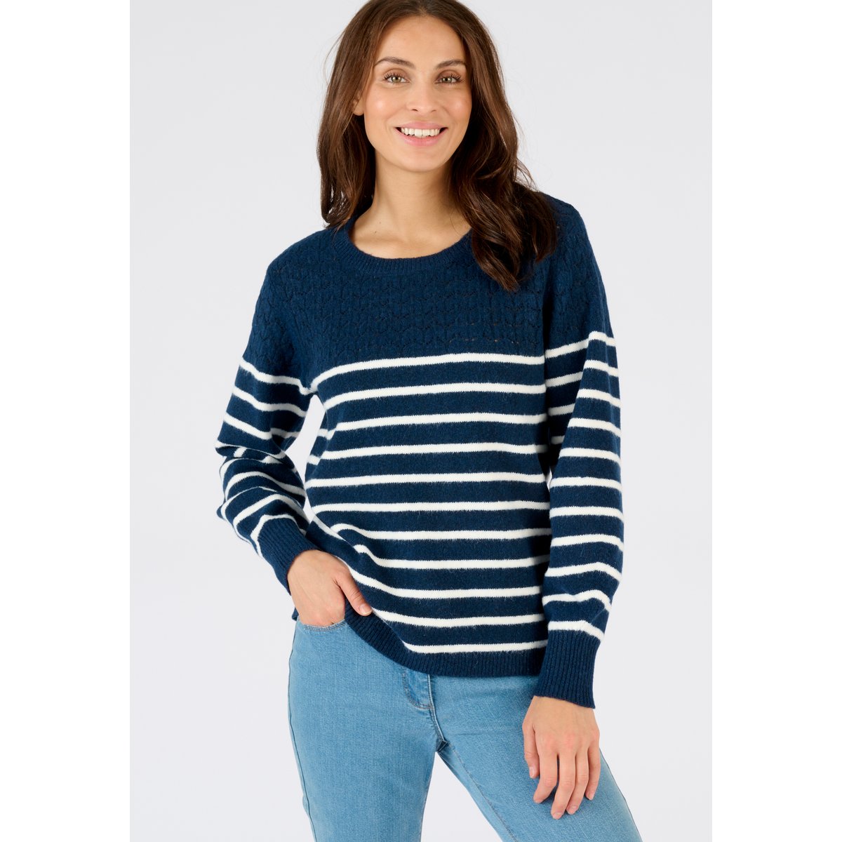 Pull rayures et maille ajourée Thermolactyl bleu marine rayé, DAMART
