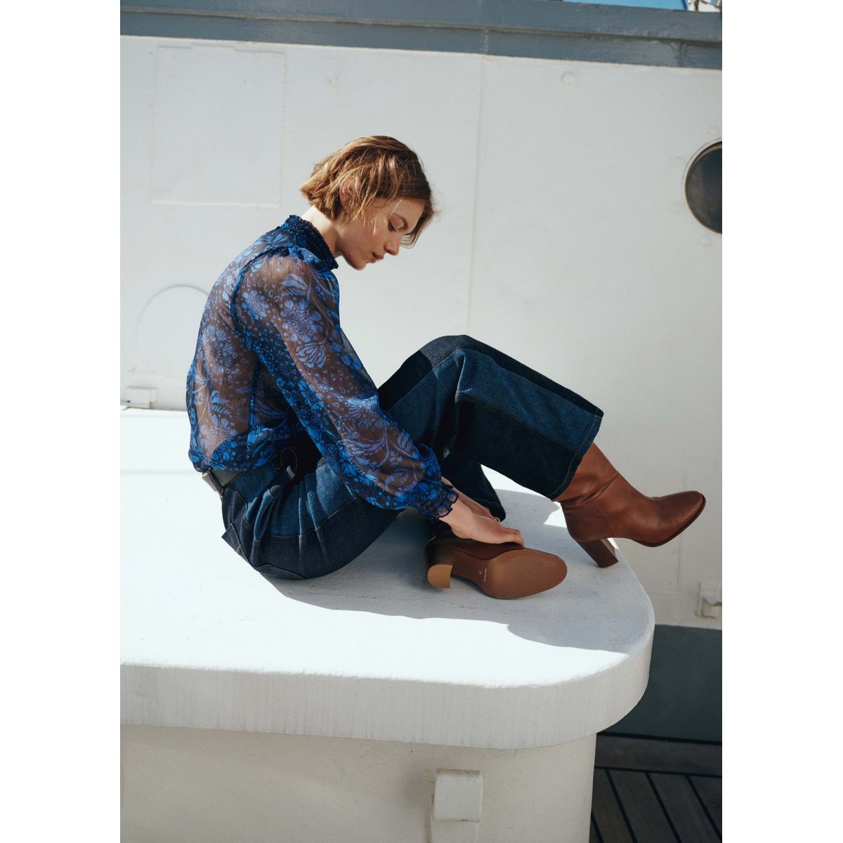 Top en voile imprimé floral manches longues bleu, LA FEE MARABOUTEE