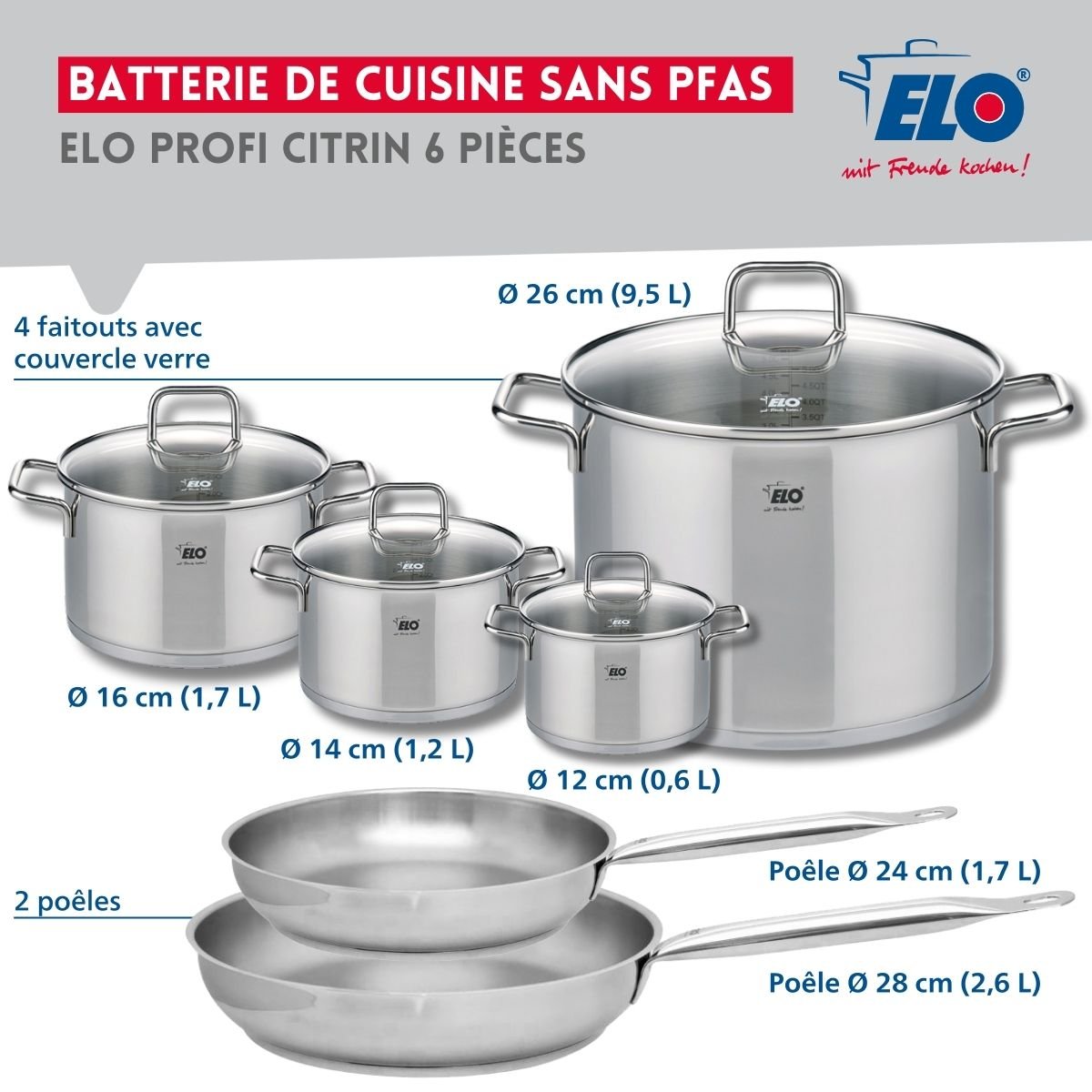 2 poêles 24/28cm + 4 faitouts 12/14/16/26cm PROFI CITRIN gris, ELO