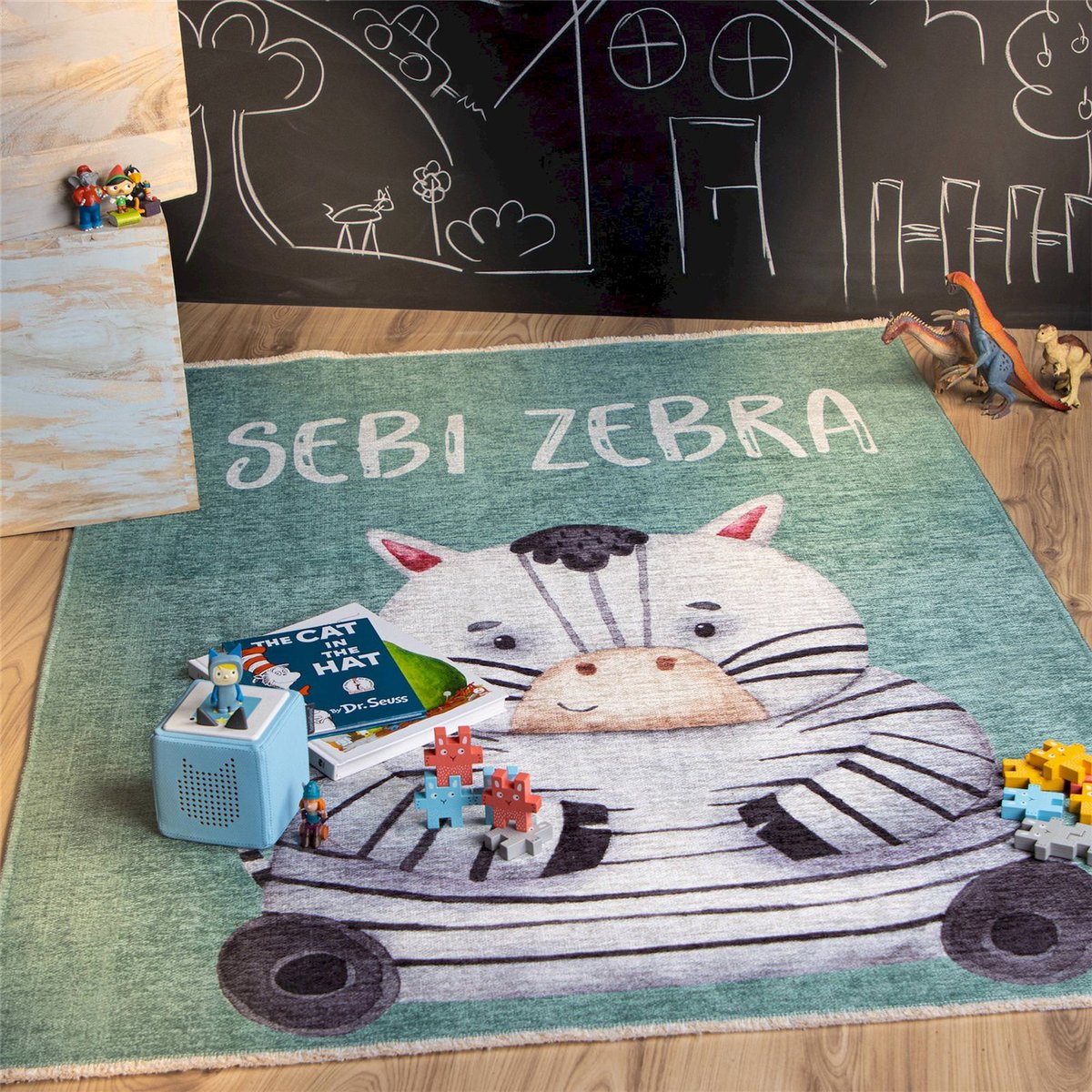 Tapis enfant motif zèbre lavable antidérapant vert d eau avec zèbre blanc noir, ARTE ESPINA