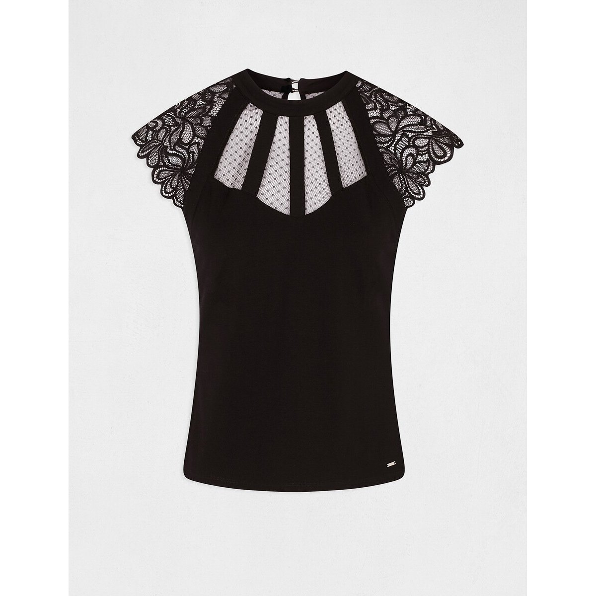 T-shirt a maniche corte con pizzo nero , MORGAN